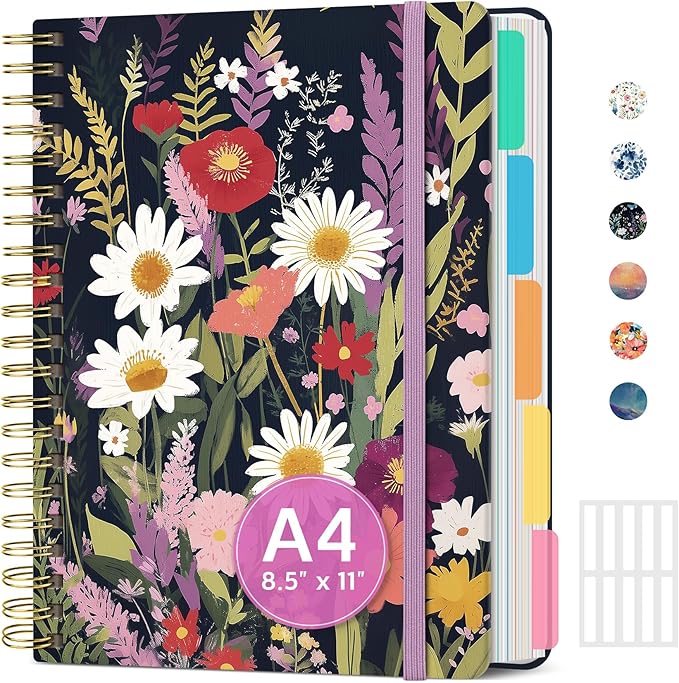 Large Spiral Lined Notebooks for Work with Removable Dividers & Tabs, 8.5"x11" Pretty Hardcover 5 Subject Notebook Journal for Women, College Ruled, Perfect for Study & Office Organization, 280 Pages, Wild Bloom