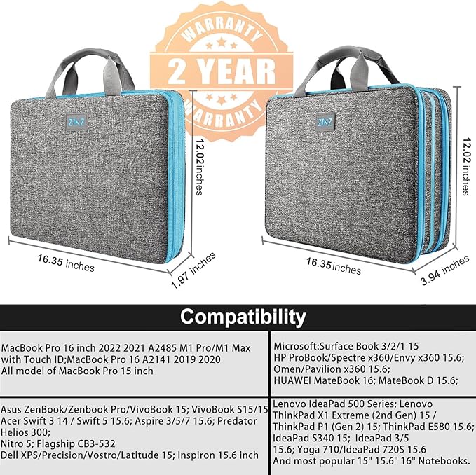 ZINZ Slim Expandable Laptop Case 15.6 Inch Sleeve Upgraded Protective Durable Recycled Carrying Case Compatible with MacBook 15" & 16" and Most 15" 15.6" 16" Notebook,DG01BL01