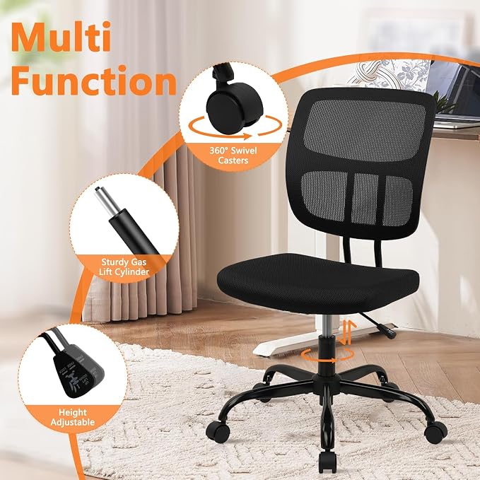 CLATINA Armless Home Office Chair, Small Ergonomic Mesh Back Desk Chair with Lumbar Support and Wheels, Adjustable Height 360° Swivel Rolling Computer Task Chair for Conference Waiting, Black