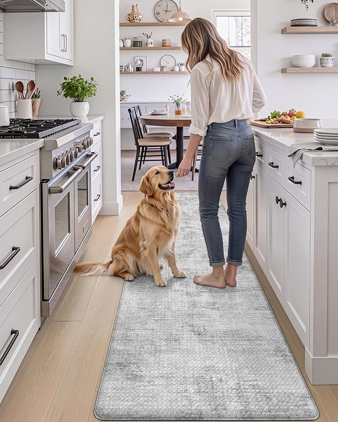 DEXI Kitchen Mats Cushioned Anti Fatigue, 23x86 Floor Padded Runner Rug Non Slip, Waterproof Standing Comfort Memory Foam for Front Sink Laundry, Light Grey