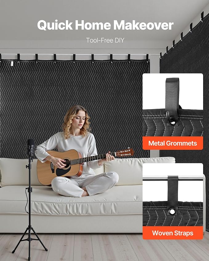 VEVOR 2 Pcs Sound Dampening Blankets, Soundproof Curtains with 96 x 80 in, Soundproof Blanket with Grommets, Studio Grommeted Blanket, for Window, Door, Light Blocker, Music Recording, Black