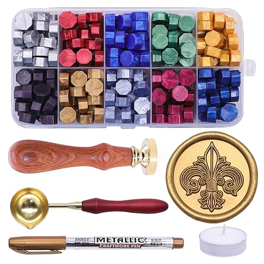SWANGSA Fleur de Lis Wax Seal Stamp Kit with 200pcs Sealing Wax Beads, Great for Embellishment of Wedding Invitations, Wine Packages, Gift Wraps