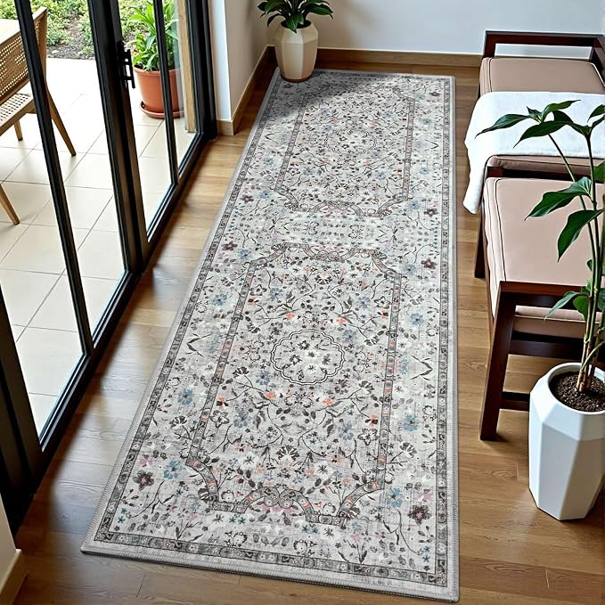 Vasofe Area Rugs for Bedroom Machine Washable Rugs for Living Room, Vintage Rug with Non-Slip Backing, Water Repellent Rug for Office, Kids Playroom (Grey, 2' x 6')
