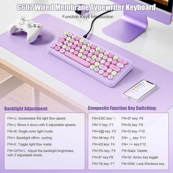 Wired RGB Creamy Typewriter Keyboard. 65 Percent Retro LED Membrance Gaming Keyboard. Small Ergonomic Optical Teclado with ABS Backlit Unreplaceable Round Keycaps. for Laptop and Office PC. (Purple)