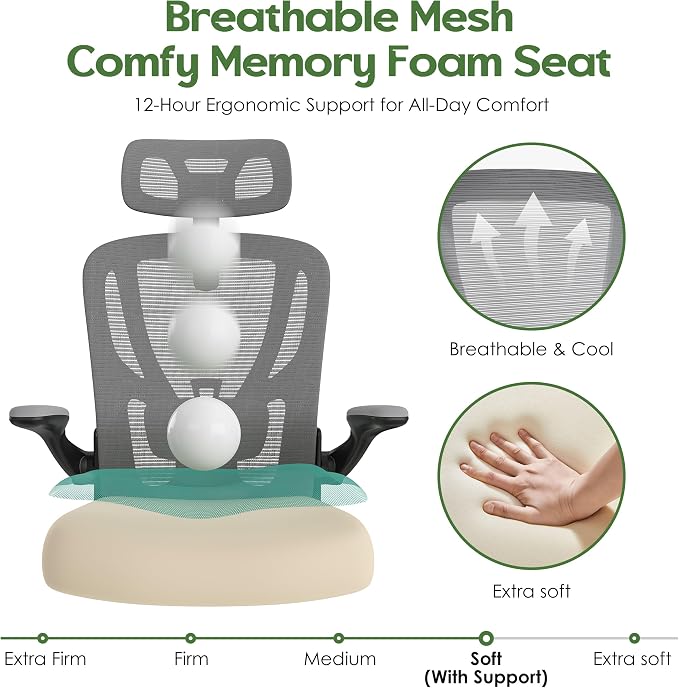 Office Chair Ergonomic Desk Chair - Mesh High Back Office Chair with Headrests Wheels Lumbar Support Home Desk Office Chairs Flip up Armrest Executive Rolling Computer Chair Black Gray