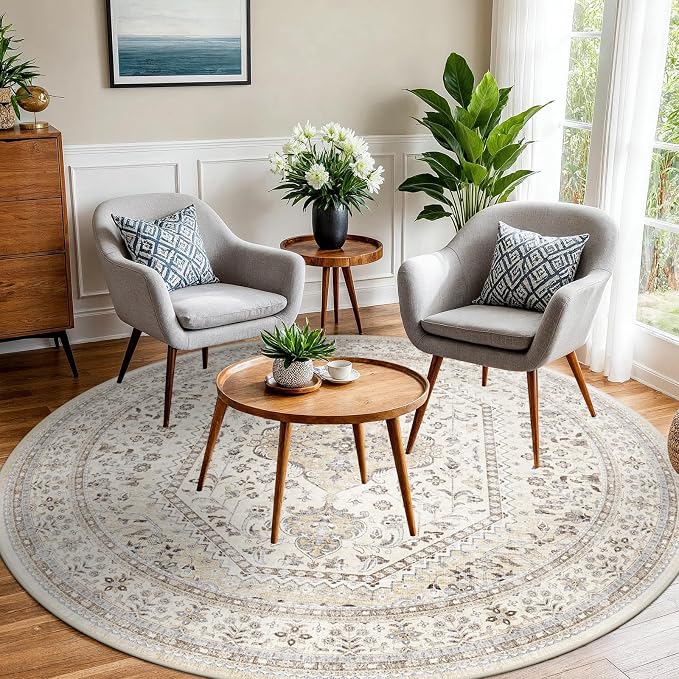 Puino 6FT Round Area Rugs for Living Room: Circle Rugs Machine Washable Oriental Low Pile Soft Non Slip Backing Vintage Indoor Rug for Bedroom Nursery Dining Room Home Office Beige/Gray