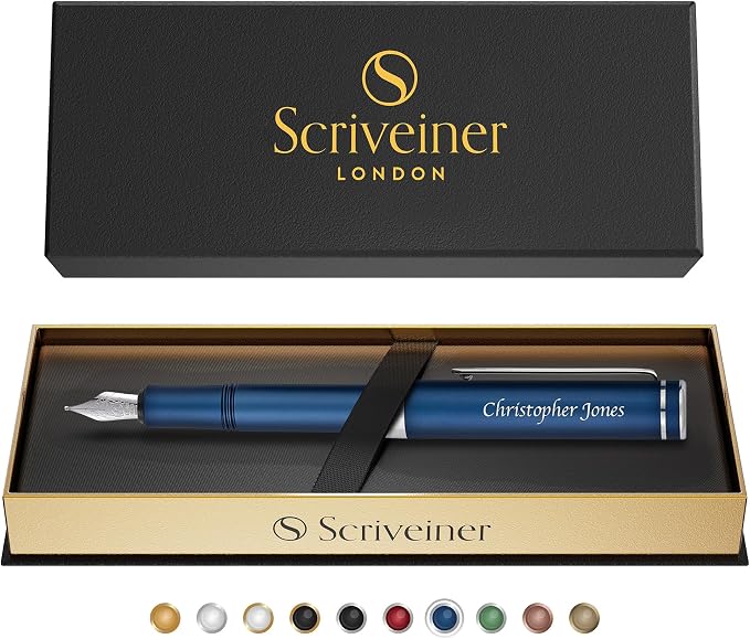 Scriveiner Personalized Blue Rollerball EDC Pen, Stunning Pocket EDC with Chrome Finish, Fancy Engraved Roller Ball Pen Writing Gift Set for Men & Women, Custom Name Engraving