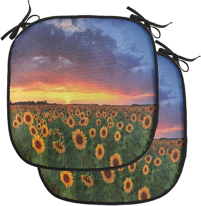 Lunarable Sunflower Chair Cushion Pads Set of 2, Field of Sunflowers Sunset Dramatic Sky Clouds Scenic Picture, Anti-Slip Seat Padding for Kitchen & Patio, 16"x16", Fern Green Sky Blue