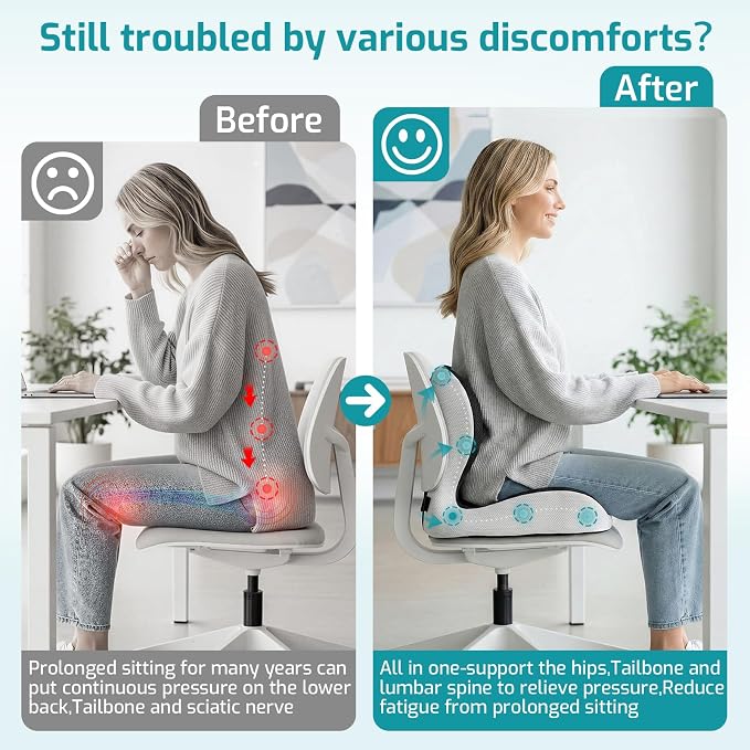 Ergonomic Seat Cushion, Office Chair Cushion with Lumbar Support Pillow, Memory Foam Seat Cushions for Office, Car, Home Chairs,Tailbone,Back Pain & Sciatica Relief,Improves Posture