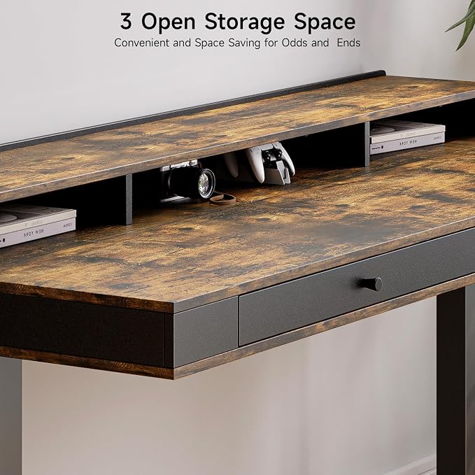 Standing Desk with Drawers, 47x23.6" Whole Piece Electric Stand Up Desk with Storage Shelf and Memory Controller, Sit Stand Desk Adjustable Height from 28-46" for Computer Workstation, Rustic Brown