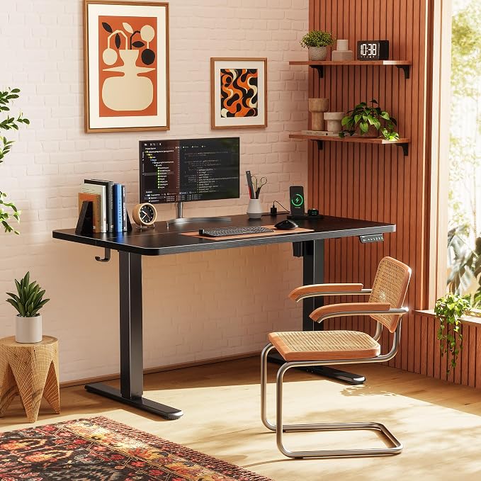 Huuger Electric Standing Desk with Power Outlets and USB-C Port, 47 X 24 Inch Height Adjustable Desk, Sit Stand Desk for Home Office, Computer & Gaming Desk with 4 Presets, Stable Steel Frame, Black