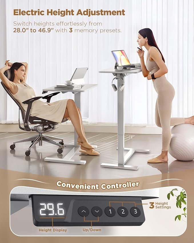 24"x 16" Electric Overbed Table, Rolling Laptop Desk for Bed, White | Height Adjustable Bedside Desk with Hidden Wheels, Mobile Standing Desk for Sofa, Home Office & Hospital Use