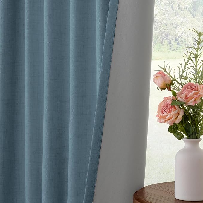INOVADAY 100% Blackout Curtains for Bedroom, Black Out Curtains 84 Inch Long, Clip Rings Linen Blackout Drapes, Thermal Insulated Room Darkening for Living Room, 2 Panels - Stone Blue, W50xL84