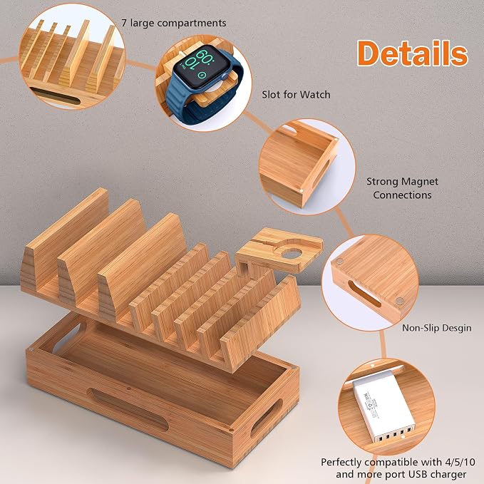 Pezin & Hulin Bamboo Charging Station with 5-Port USB Charger & 5 Cables | 7-Slot Wood Organizer, Magnetic Snap Assembly, Thick Base, Non-Slip Pads, Hidden Cord Box. Ideal for Home Office & Bedside