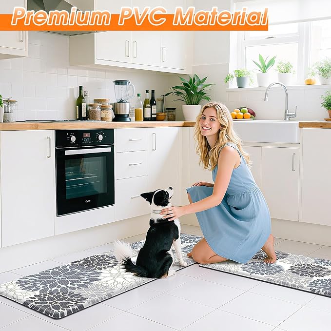 StepLively Kitchen Mats for Floor 2PCS, 0.47" Anti Fatigue Mats for Kitchen Floor, Kitchen Accessories for Sink, Office, Laundry, 17.3"×30"+17.3"×47", White and Grey