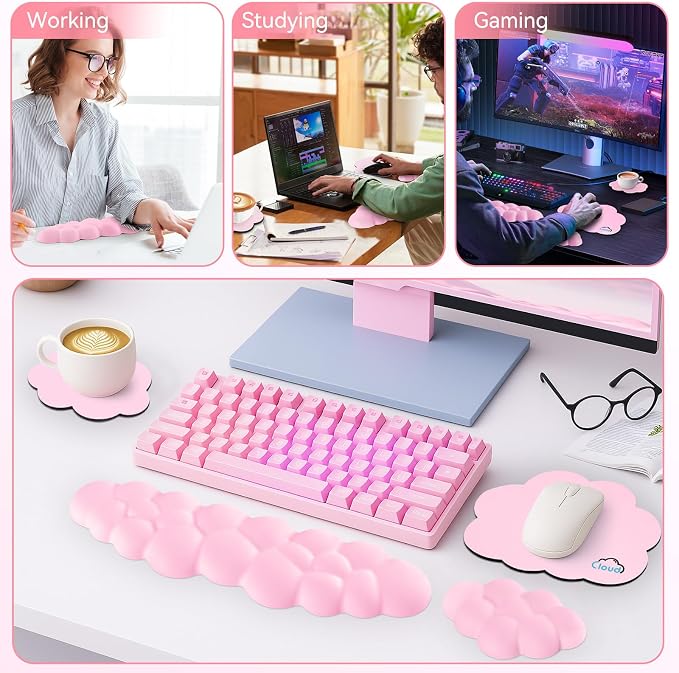 Sushret Cloud Wrist Rest for Computer Keyboard, 4-in-1 Memory Foam Leather Cloud Keyboard Wrist Rest and Mouse Pad Set with Ergonomic Support for Arm and Palm Cushion, Gaming/Work Setup, Pink