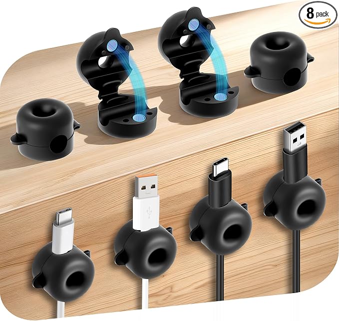 8-Pack Magnetic Cable Management Clips for Home Office Desk, Cord Organizer | reusable, strong adhesive, silicone wire staples keeper, stick-on wire holder clamps, work on wall, nightstand, car dashboard