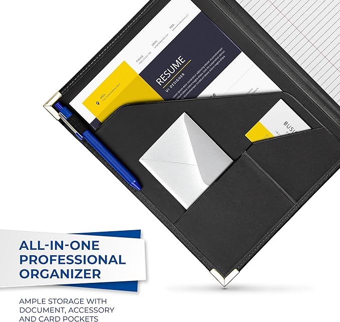 Samsill Classic Collection Business Portfolio - Executive Padfolio for Resume & Document Organizer - 8.5 by 11-Inch Legal Pad, Faux Leather with Brass Corners (Black)