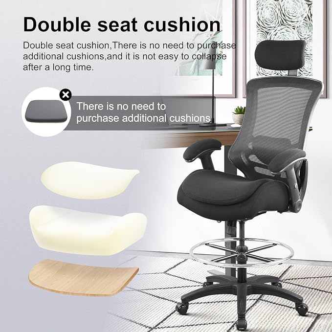 BOLISS 400lbs Ergonomic Drafting Chair Tall Office Mesh Chair | Adjustable Headrest, Standing Desk Chair, Height Adjustable Armrest and Flip up Arms, Adjustable Lumbar Cushion