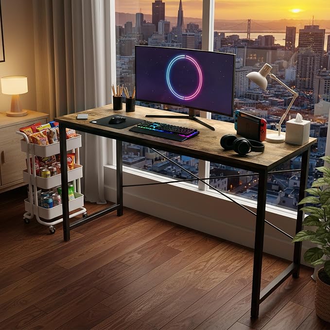 OLIXIS 55 Inch Computer Office Desk for Small Spaces, Writing Gaming Work Desk Modern Study Table with Storage Bag & Headphone Hook Home Bedroom, Rustic Brown