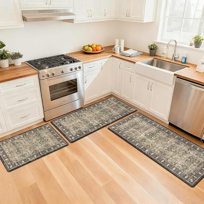 Pauwer Anti Fatigue Kitchen Floor Mats Set of 3, Cushioned Rug, Multi Brown | Non Slip Comfort Standing Mat, PVC Foam Padded Kitchen Rugs, Waterproof Sink Rug for Small Kitchen Area, Laundry Room
