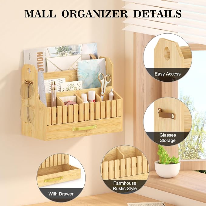 Bamboo Mail Organizer Countertop with Drawers, Wood Desk File Organizer Desktop Paper Organization Storage Bill & Letter Sorter Holder for School Home Office Supplies, No Assembly Required (Nature)