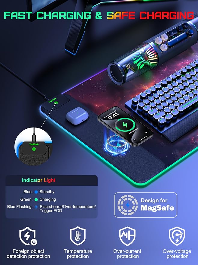 TopMade Wireless Charging Mouse Pad, RGB Gaming Mousepad Home Office Desk Pad, 31.5” x 15.8” Large Desk Mat, Waterproof Keyboard Pad, Red Nebula (Includes 20W PD Power Adapter & 6.56ft Woven Cable)