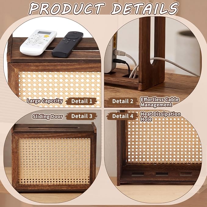 Wi-Fi Router Box Hider, Wi-Fi Router Storage Box with Synthetic Rattan Decor, Modem Cable Cover Organized, Power Strip Cable Hider Rack(Dark Wood Color,15.8 x 5.5 x 13.4 Inches,Wood)