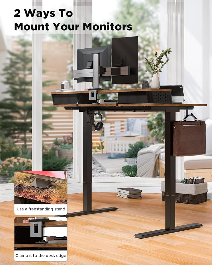FiCiHi 48x24 Inch Standing Desk with Drawers, C-Clamp Mount Compatible, Electric Adjustable Height Computer Stand Up Desks, Home Office Sit Stand Table with 3 Preset Heights, Rustic Brown