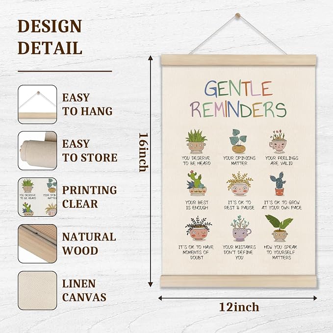 Positive Affirmations Gentle Reminders Wall Decor - Motivational Mental Health Inspirational Wall Art Hanger Frame for Therapy Therapist Counselling Office Kids Playroom Nursery Classroom, 16x12 Inch