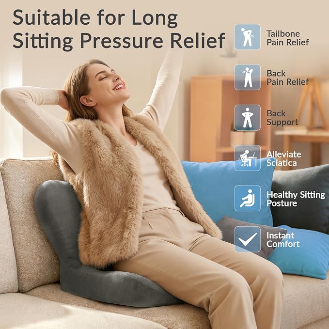 Exclusivo Mezcla Memory Foam Seat Cushion, Grey | Ergonomic Tailbone Pain Relief Cushions, Non-Slip Seat Pad, Suitable for Office Chair and Car Seat