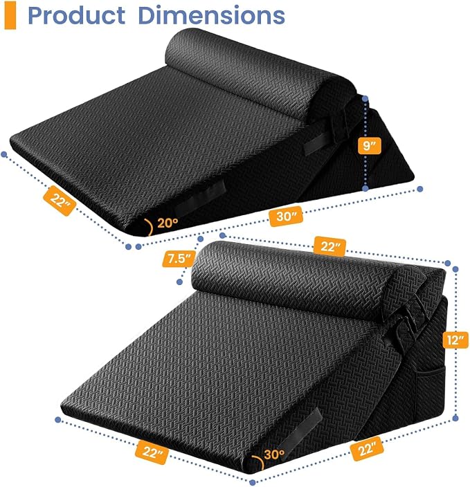 Sasttie Adjustable Wedge Pillow Set for After Surgery, Black | Bed Wedge Pillow Headboard with Memory Foam Neck Cushion, for Acid Reflux, Sleeping, Neck & Back Support