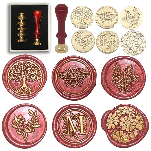 Wax Seal Stamp Set - 6 Pcs Botanical Copper Seals, 1 Wooden Hilt, Kit Including Eucalyptus, Bee, Daisy, Rosemary, Tree Life, Letter M Patterns