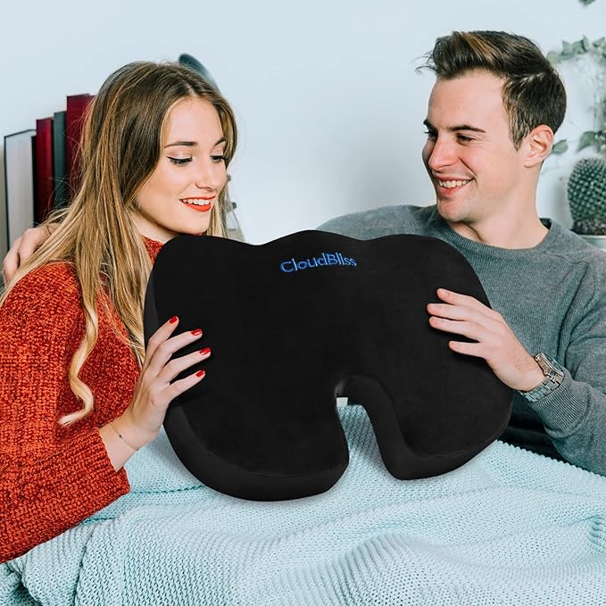 CloudBliss Gel Memory Foam Seat Cushion for Long Sitting, X-Large, Black | Gel Chair Pad for Tailbone, Coccyx, Sciatica , Soft Suede Cover, Non-Slip , Washable Mesh, for office, home, car