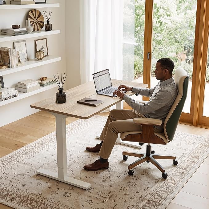 TIQLAB Electric Height Adjustable Standing Desk 47.2×23.6 inch, Sit Stand Desk for Work, Study, Memory Controller, White Frame & Maple Top Computer Workstation for Home Office