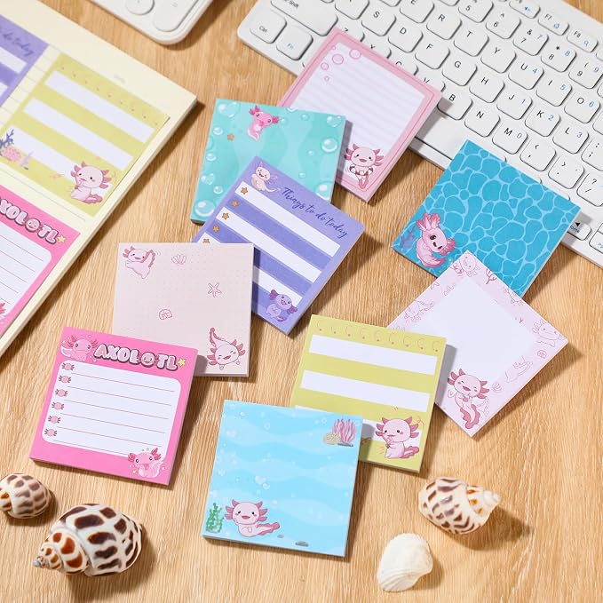 9 Pads Cute Sticky Notes Cartoon Self Stick Notepads 3x3 Inches Notes Adhesive Memo Pad Office Decor Gifts for Students School Teacher Office Meeting(Axolotl)