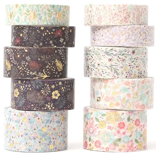 Creative Washi Tape Set 10 Rolls Gold Foil Print Decorative Masking Tapes for Arts, DIY Crafts, Journals, Planners, Scrapbook, Wrapping (Garden Maze)