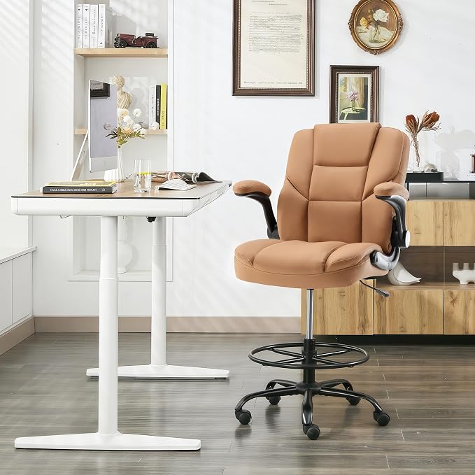 Drafting Chair 500Lbs, Tall Office Chair for Standing Desk, High PU Leather Executive Office Chair with Flip-up Armrests, Ergonomic High Chair with Adjustable Foot Ring, Comfy Stool Chairs, Brown