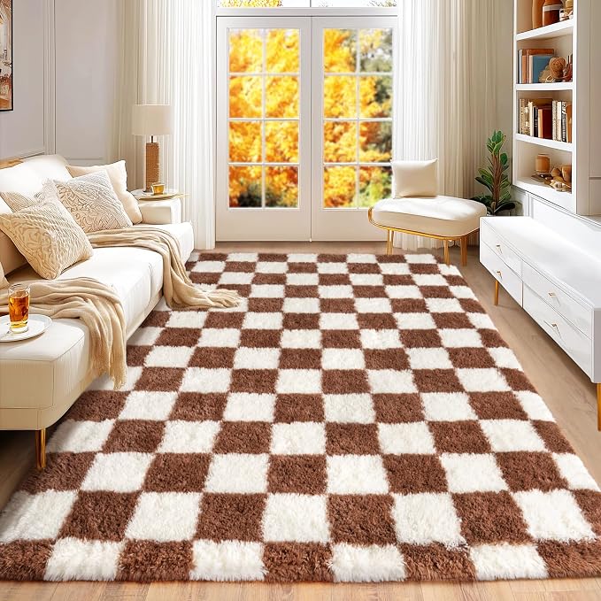 Checkered Rug for Bedroom 5x7, Ultra Fluffy Fuzzy Shag Area Rugs for Living Room, Anti-Skid Indoor High Pile Soft Rug Carpet for Living Room Kids Room Nursery, Dorm Home Decor, Cream and Coffee