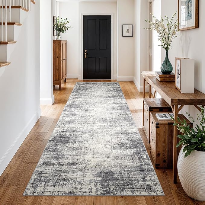 3x10 Hallway Washable Runner Rug - Non-Slip Kitchen Rugs with Rubber Backing Abstract Neutral Low-Pile Carpet Runners for Laundry Room Home Decor Bedroom Bathroom Entryway (Gray Beige,3x10)
