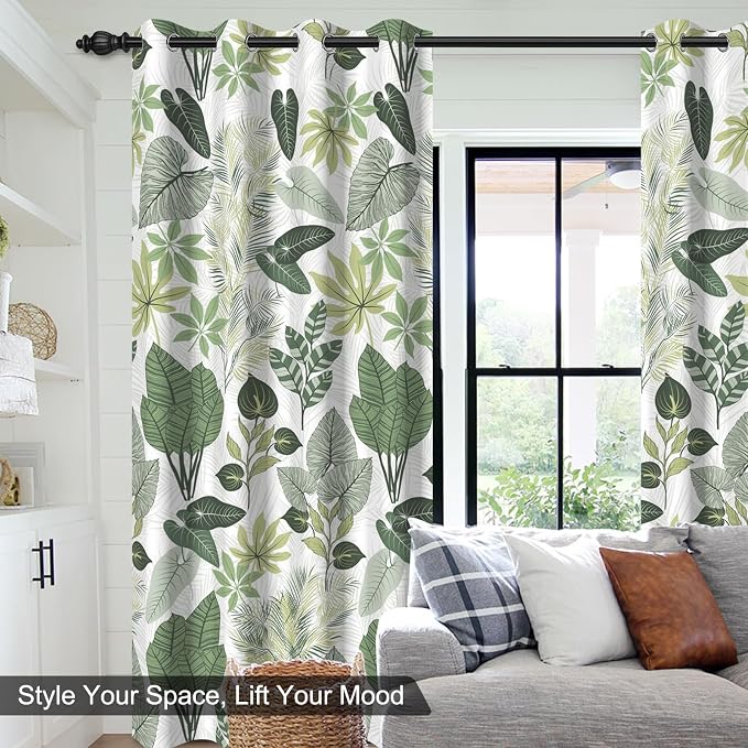 Blackout Curtains 84 Inch Length 2 Panels Set, Tropical Leaves Pattern Printed Thermal Insulated Drapes Noise Reduction Room Darkening Grommet Blackout Curtains for Bedroom Living Room Window