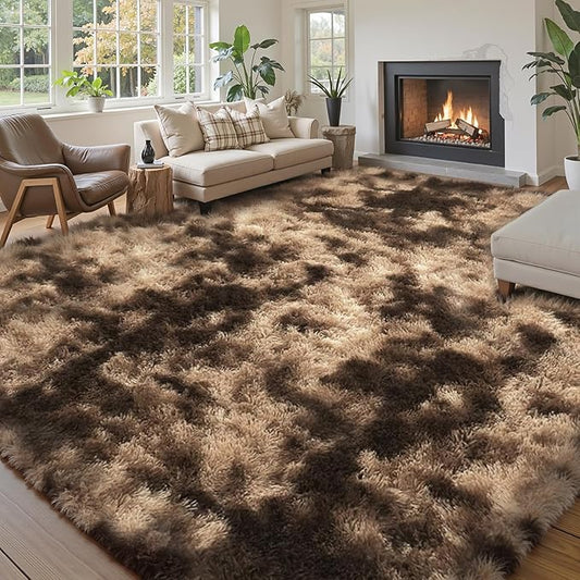 Area Rugs 9x12 Living Room, Large Area Rug Shaggy Carpet Soft Plush Furry Bedside Rug, Machine Washable Area Rugs for Bedroom Home Decor Non-Slip(9 x 12, Dark Coffee Tie-Dyed)
