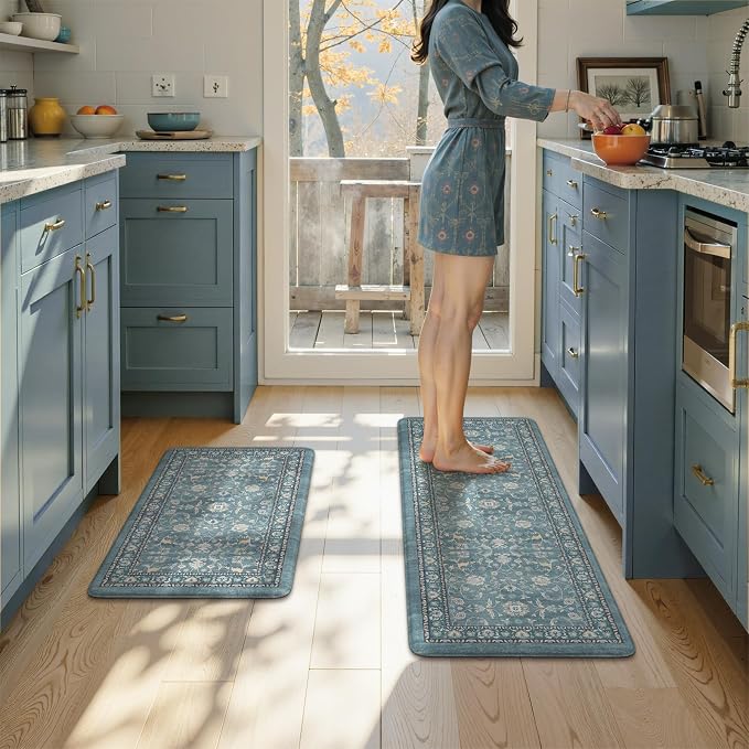 KIMODE Kitchen Floor Mat Anti Fatigue, Cushioned Kitchen Rug 2 Piece | Blue,Memory Foam Kitchen Mat for Floor Cushioned ,Boho Vintage Floral Kitchen Rug Non Slip for Laundry Sink Office Home Decor