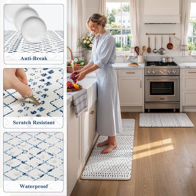 KIMODE Kitchen Mats 2PCS Cushioned Anti Fatigue Boho Kitchen Rugs and Mats Non Slip Waterproof Kitchen Mats for Floor Comfort Foam Standing Desk Mat for Home Office Sink Blue White Laundry Room Decor