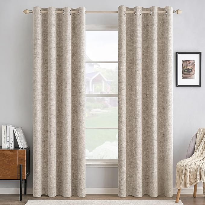 MIULEE 90 Inches Linen Textured Curtains for Bedroom 100% Blackout Thermal Insulated Natural Grommet Room Darkening Curtains & Drapes Luxury Decor for Living Room 52 x 90 Inch (2 Panels)