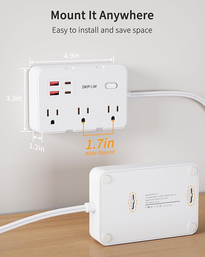 DEPOW 2 Prong to 3 Prong Adapter Power Strip - 6 Outlets & 4 USB Ports (2 USB-C), 1050J Two Prong Surge Protector, 5FT Extension Cord, Wall Mount - Ideal for Old Houses Non-Grounded Outlets