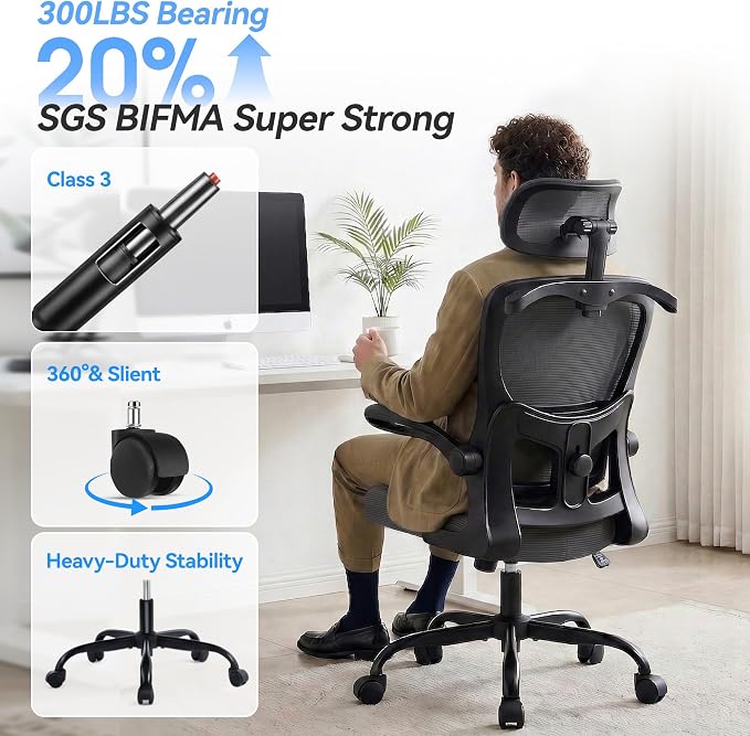 AreShark Office Chair Ergonomic Desk Chairs with Adjustable Lumbar Support& Headrest Hanger, High Back Breathable Mesh Chair with Wheels, Rolling Swivel Comfy Task Computer Chair for Home Work Gaming