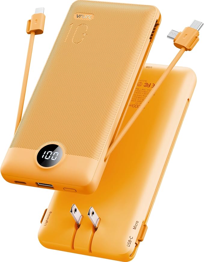 Portable Charger Built-in Cables and AC Wall Plug,VRURC Power Bank 10000mAh | Travel Battery Phone Charger Compact Lightweight External Battery Pack for Smart Phones, Tablets - Orange