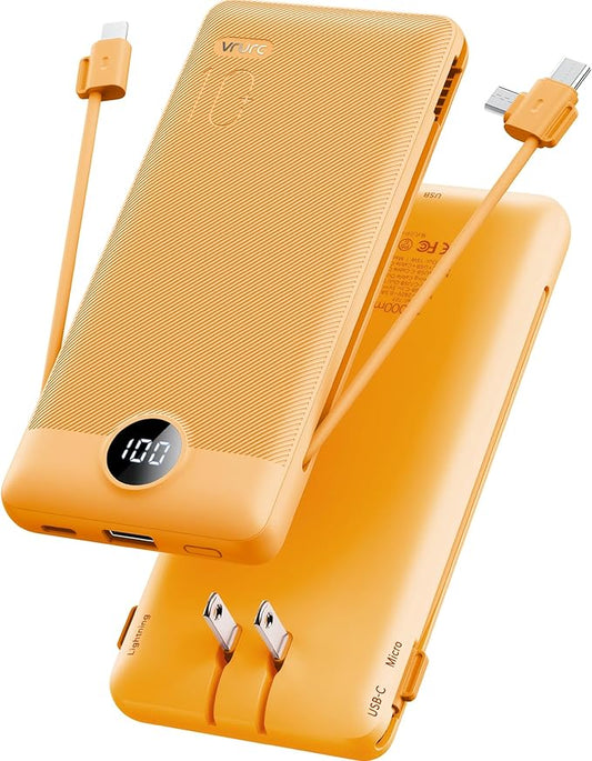 Portable Charger Built-in Cables and AC Wall Plug,VRURC Power Bank 10000mAh | Travel Battery Phone Charger Compact Lightweight External Battery Pack for Smart Phones, Tablets - Orange