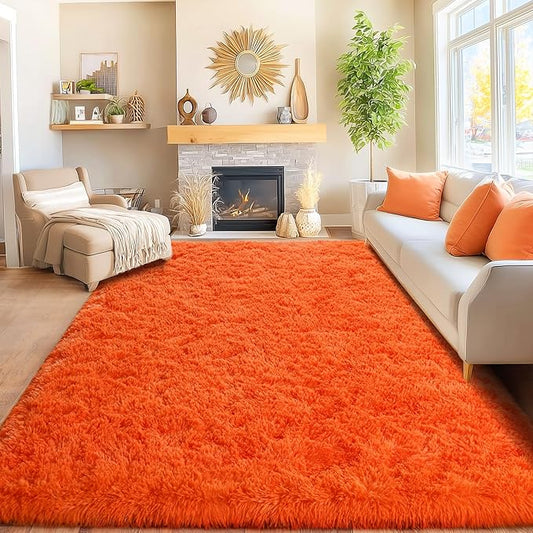 Area Rugs for Living Room Bedroom 9x12, Ultra Fluffy Shag Rug Modern Washable Carpet Soft Shaggy Non Slip Indoor Plush Fuzzy Rugs for Bedroom Dorm Office Home Aesthetic Decor, Orange